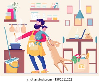 A man with a child in his arms doing homework. House husband cooks dinner and cleans the kitchen with her son and the dog. Vector illustration.