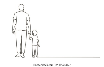 A man and a child are holding hands. Concept of warmth and closeness between the two. Hand drawn vector illustration. Black and white.