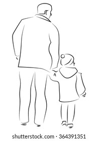 A man with a child holding hands, standing with his back. holding a  hand. Vector illustration, pencil drawing on a theme - a walk of the pope and his son.