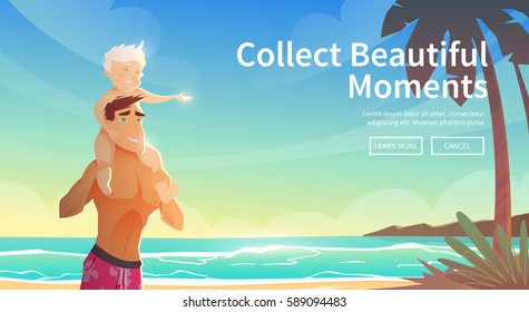 A man with a child on the beach. Summer vacation. The rest of the sea. A father and his son. Vector illustration. #2