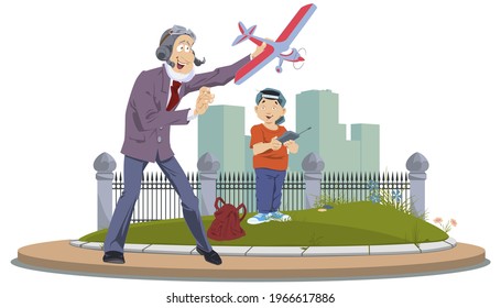 Man and child plays with toy plane. Illustration concept for mobile website and internet development.