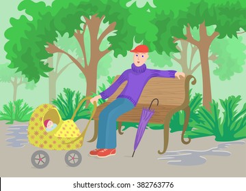 Man With Child In Pram Sitting On A Park Bench After Rain, Cartoon Vector Illustration.