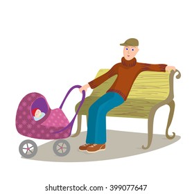 Man With Child In Pram Sitting On A Park Bench, Cartoon Vector Illustration.