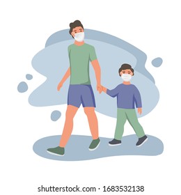 Man and child in protective face dust masks. People wearing protection from urban air pollution, smog, vapor. Coronavirus quarantine, respiratory virus concept. Flat cartoon  vector illustration. 