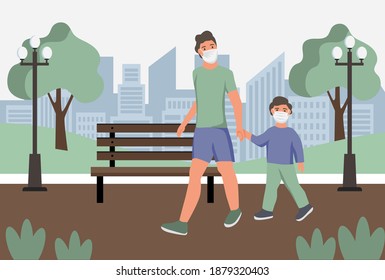 Mann mit Kind in Schutzgesichtsstaub maskiert Wölfe im Park. Schutz vor Luftverschmutzung in Städten, Smog, Dampf. Coronavirus-Quarantäne, Beatmungsvirus-Konzept. Flacher Cartoon, Vektorgrafik. 