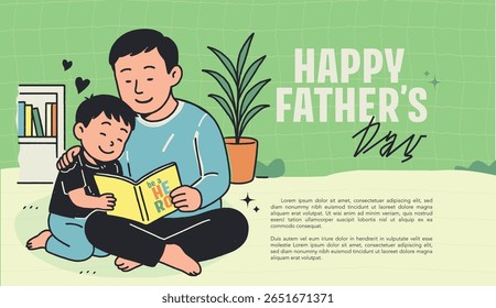 A man and a child are sitting on the floor reading a book. The man is holding the book and the child is looking at it. The image is titled , Happy Father's Day