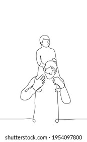 man with a child sitting on his neck - one line drawing. father carries son on himself, parenthood concept: paternity, father's day, child's day, guardianship, nanny