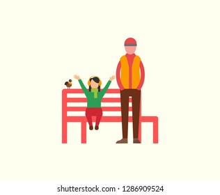 Man and child spending time together in fall park vector. Relaxation of family, father and daughter with bird sitting on wooden bench. Happy people