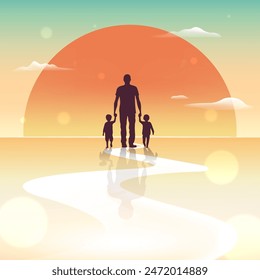 a man and a child are standing in front of a sunset