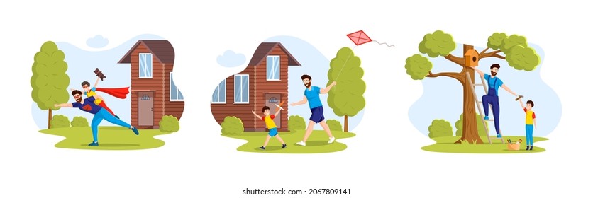 Man And Child In Superhero Costumes Playing Game Together, Hanging Birdhouse On Tree, Run Across Field Launching A Kite In Countryside. Summer Outdoor Activity. Friendly Family Cartoon Vector