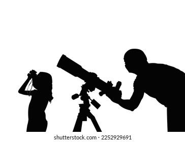 Man and child with telescope in search of a star. Vector illustration in flat style