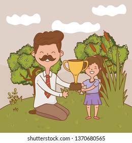man with child and trophy