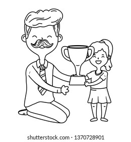 man with child and trophy black and white