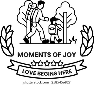 A man and a child are walking in a forest in the style of sign illustrations