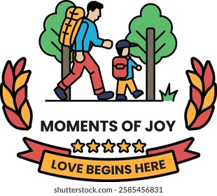 A man and a child are walking in a forest in the style of sign illustrations