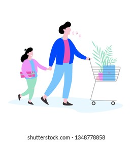 Man and child walking with shopping cart. Shopaholic concept. Big sale and discount in the store. Purchasing everything. Isolated flat vector illustration