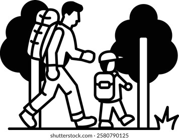 A man and a child are walking together. The man is carrying a backpack