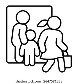 Man with child and woman running away thin line icon, family lawyer concept. Vector graphics. Marriage problem, human rights sign on white background, style mobile or design
