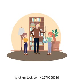 man with children and electric guitar character