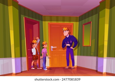 Man and children at home corridor near door vector. Closed apartment entrance inside. Adult standing and talking to kids in doorway. People character in hall with green wall and wood floor drawing