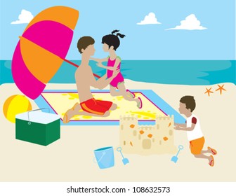 Man with Children on Beach