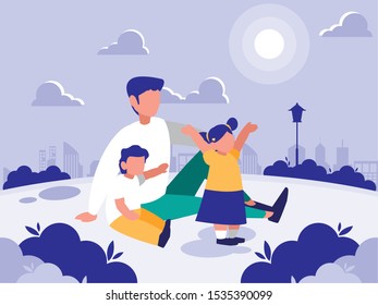 man with children in park in the city, scene of people outdoor vector illustration design