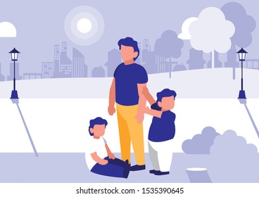 man with children in park in the city, scene of people outdoor vector illustration design