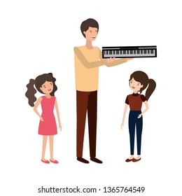 man with children and piano keyboard character