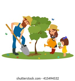 man and the children plant trees in the park. vector. 