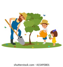 man and the children plant trees in the park. vector