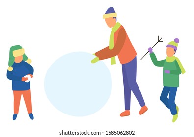 Man and childrens making snowman outdoor. Girl and boy standing near snowball, little child holding stick. Family leisure on winter holiday in park. People wearing casual clothes and scarf vector