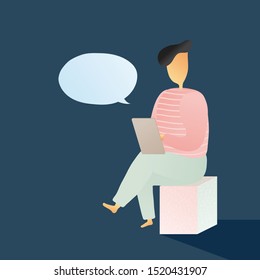 A man chill sitting with his mobile tablet to do communicate network chat with other. Add text to flat graphic illustration. Social media post. Working concept. Hiring Looking job. Shadow. - Vector