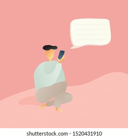 A man chill sitting with his mobile phone. Chatting. Add text to flat graphic illustration. Social media post. Talk to us. What is your story. Look. Work alone concept. 2D. Pastel color. - Vector