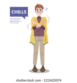 Man with a chill. Symptom of disease. Guy feel cold and shiver. Flu or cold. Flat vector illustration