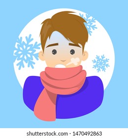 Man with a chill. Symptom of disease. Guy feel cold and shiver. Flu or cold. Vector illustration in cartoon style