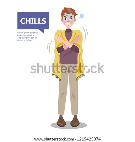 Man with a chill. Symptom of disease. Guy feel cold and shiver. Flu or cold. Flat vector illustration