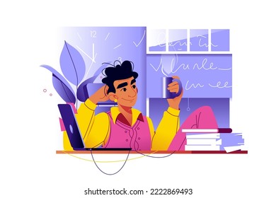 Man chilling and drink coffee at workplace in office vector illustration. Working day, coffee or lunch break flat style concept