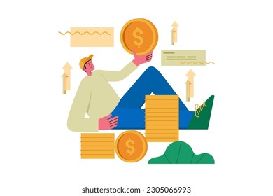 man chilling and holding coins with stacks of gold coins around him vector illustration design concept