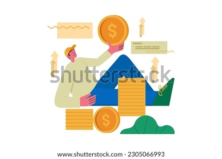 man chilling and holding coins with stacks of gold coins around him vector illustration design concept