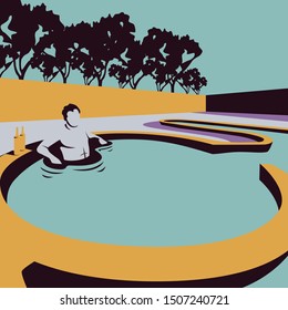 Man chilling in swimming pool flat illustration and vintage vector art