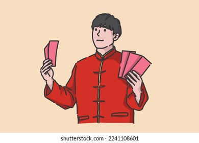 Man in Chinese clothes holding red envelopes. Lunar image