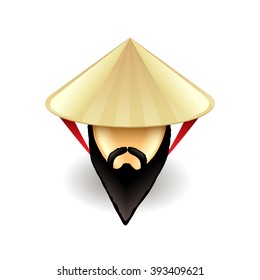 Man in chinese conical hat isolated on white vector illustration