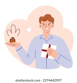 Man with chocolate candy, christmas gift icon, box of chocolates vector illustration, truffles and toffees doodles, sweet food for Valentines, happy male character with delicious present