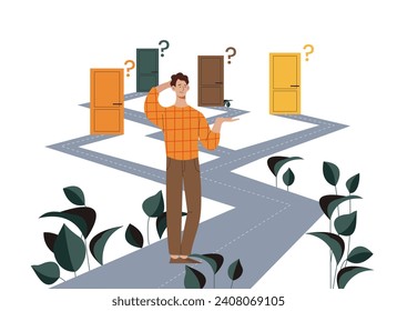 Man with choice concept. Young guy near colorful wooden doors. Employee and worker choose lifeline. Planning and vision of future. Cartoon flat vector illustration isolated on white background
