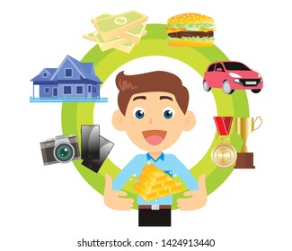 A man choice gold from many choice for make his satisfaction. vector illustration isolated cartoon hand drawn