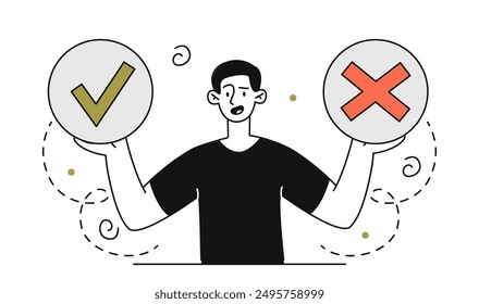 Man with choice. Young guy with green check mark and red cross. Person makes decision and solution. Logical thinking and cognitive process. Linear vector illustration isolated on white background