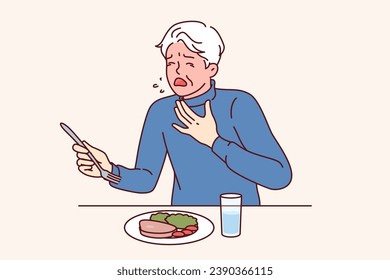 Man choked eating and coughed needing help and blushing feeling lack of air. Elderly person is choking and experiencing problems due to allergy to foodstuffs or poor quality dish served in restaurant