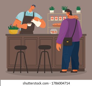Man choose cakes and buy coffee at bakery shop or cafe. Male barista seller in uniform in bakery interior serves male customer. Confectionery store assortment cakes, sweets, donuts and furnishings