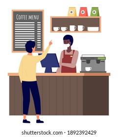 Man choose cakes and buy coffee at bakery shop or cafe. Male barista seller in face mask in bakery interior serves male customer. Visitors at the coffee shop during quarantine, safe service concept