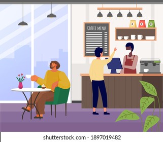 Man choose cakes and buy coffee at bakery shop or cafe. Male barista seller in face mask in bakery interior serves male customer. Visitors at the coffee shop during quarantine, safe service concept